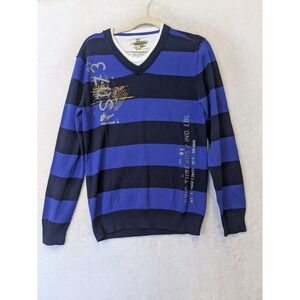 Epic Threads Men's Size L Blue Navy Striped Graphic V-Neck Sweater Y2K